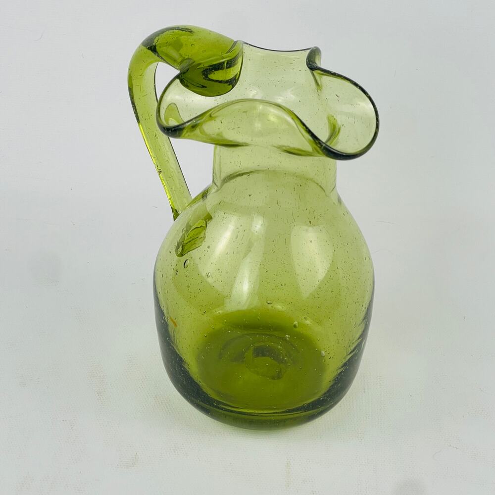 Hand Blown Bubble-Infused Green Glass Pitcher 6” Pinched Handle & Applied Spout